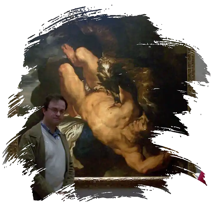 Ural Akyuz examining Peter Paul Rubens's famous original painting, Prometheus Bound at Philadelphia Museum of Art.