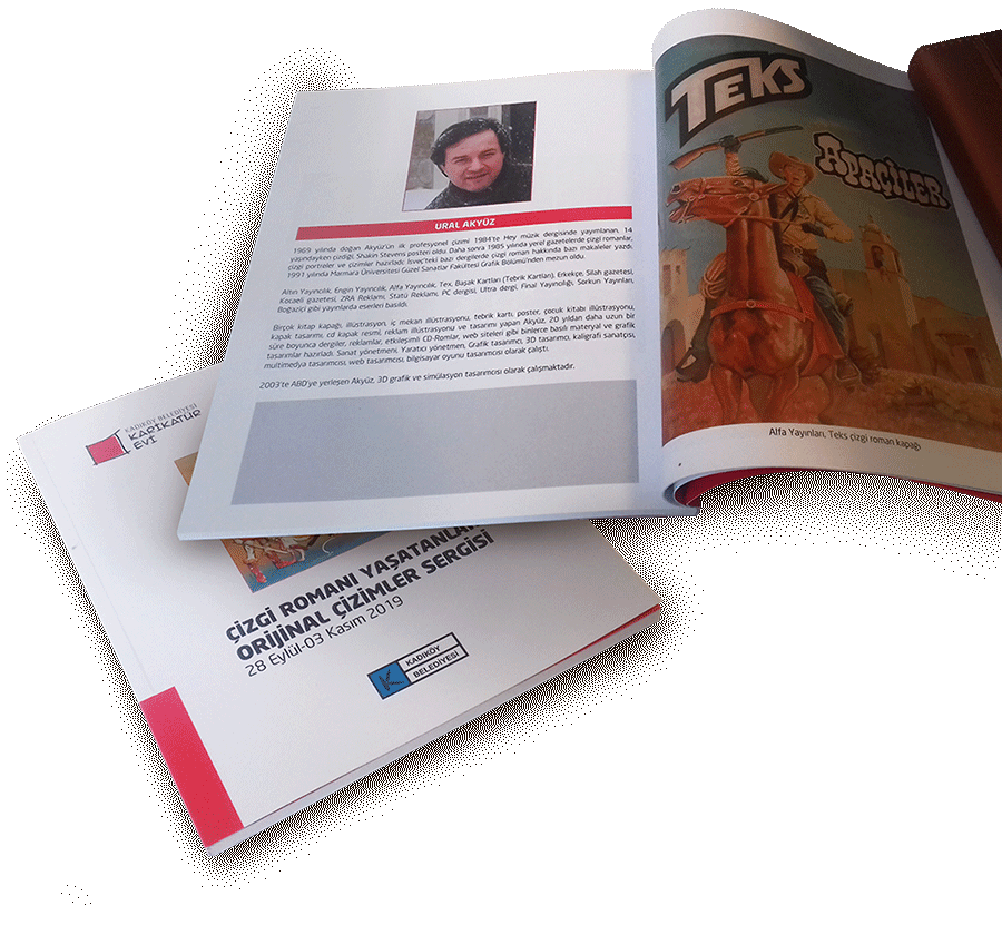 Ural Akyuz paintings and his biography has been published at Kadikoy Municipality Magazines and official brochures. Image shows opened sample catalog page.