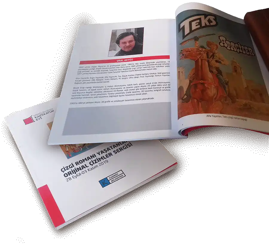 Ural Akyuz paintings and his biography has been published at Kadikoy Municipality Magazines and official brochures. Image shows opened sample catalog page.