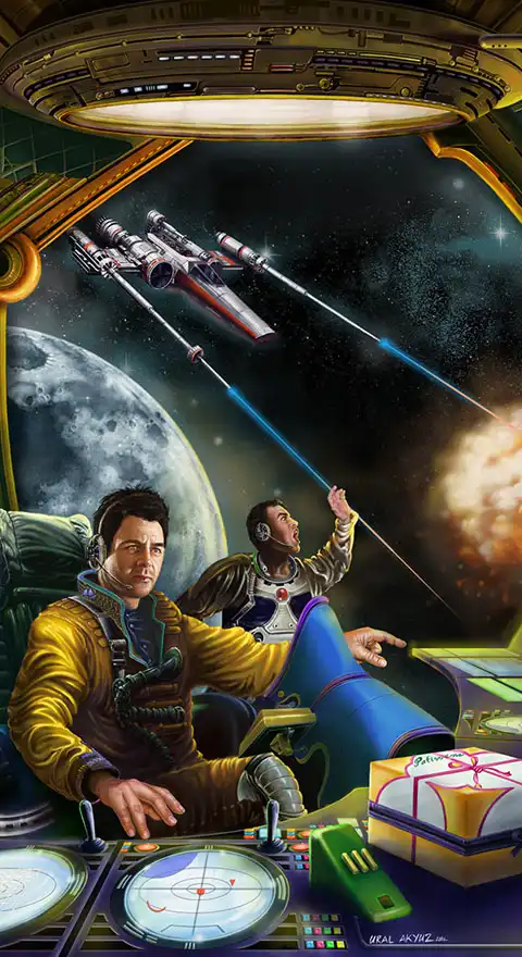 Ural Akyuz artwork, illustration for Baen Books, Nancy Fulda's Pastry Run named story in New York