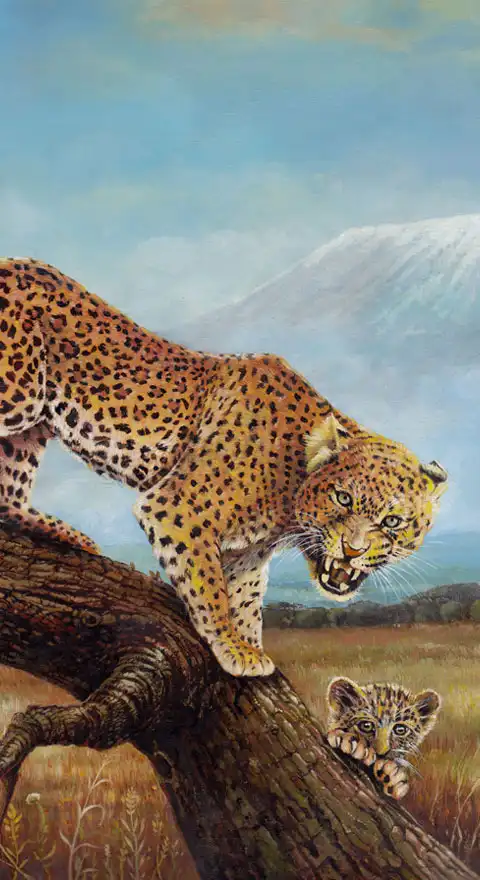Ural Akyuz artwork, Original Handmade Oil Painting. Wild Life, Leopards, near the Mount Kilimanjaro