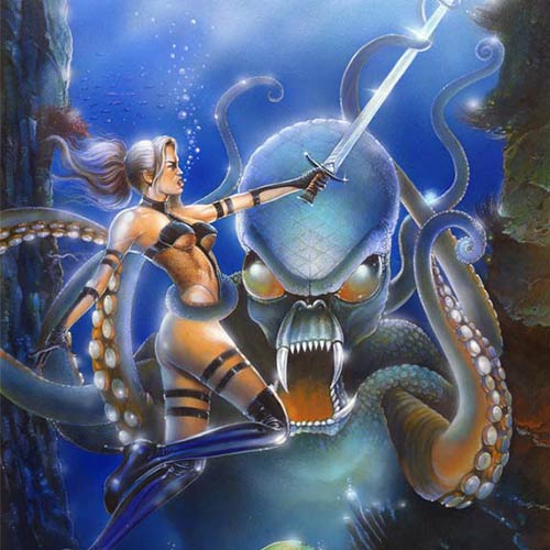 ACRYLICS PAINTING on PAPER. Fantasy Art, Avengelyne, Sword Girl with Giant Octopus - © Ural Akyuz