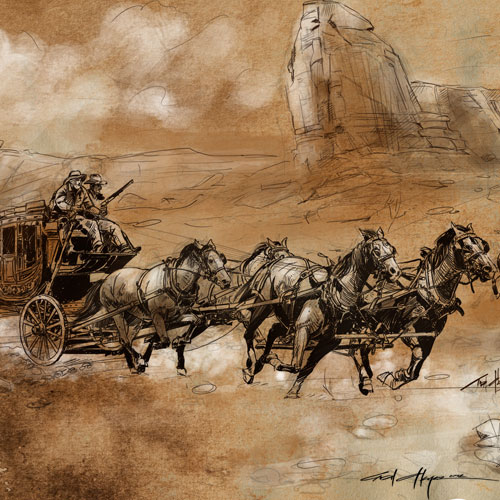BLACK & WHITE DRAWINGS. Sketch Wild West, Coach - © Ural Akyuz