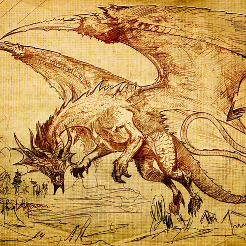 BLACK & WHITE DRAWINGS. Sketch for card art. Flying Dragon - © Ural Akyuz