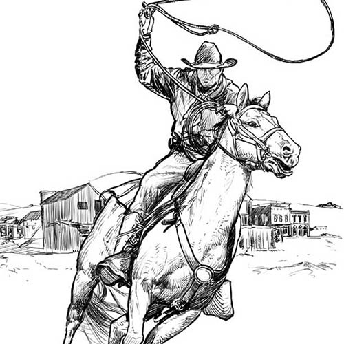 BLACK & WHITE DRAWING with INK. Western Horseman with Lasso - © Ural Akyuz